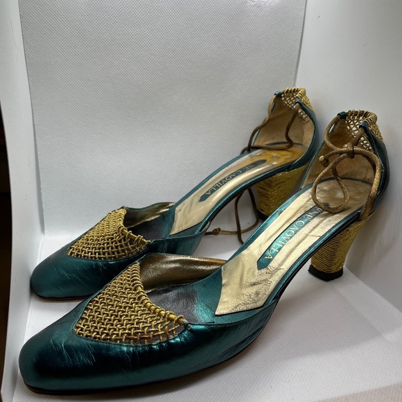 Rene Caovilla Shoes - Rene Caovilla Teal and Gold Woven Heels